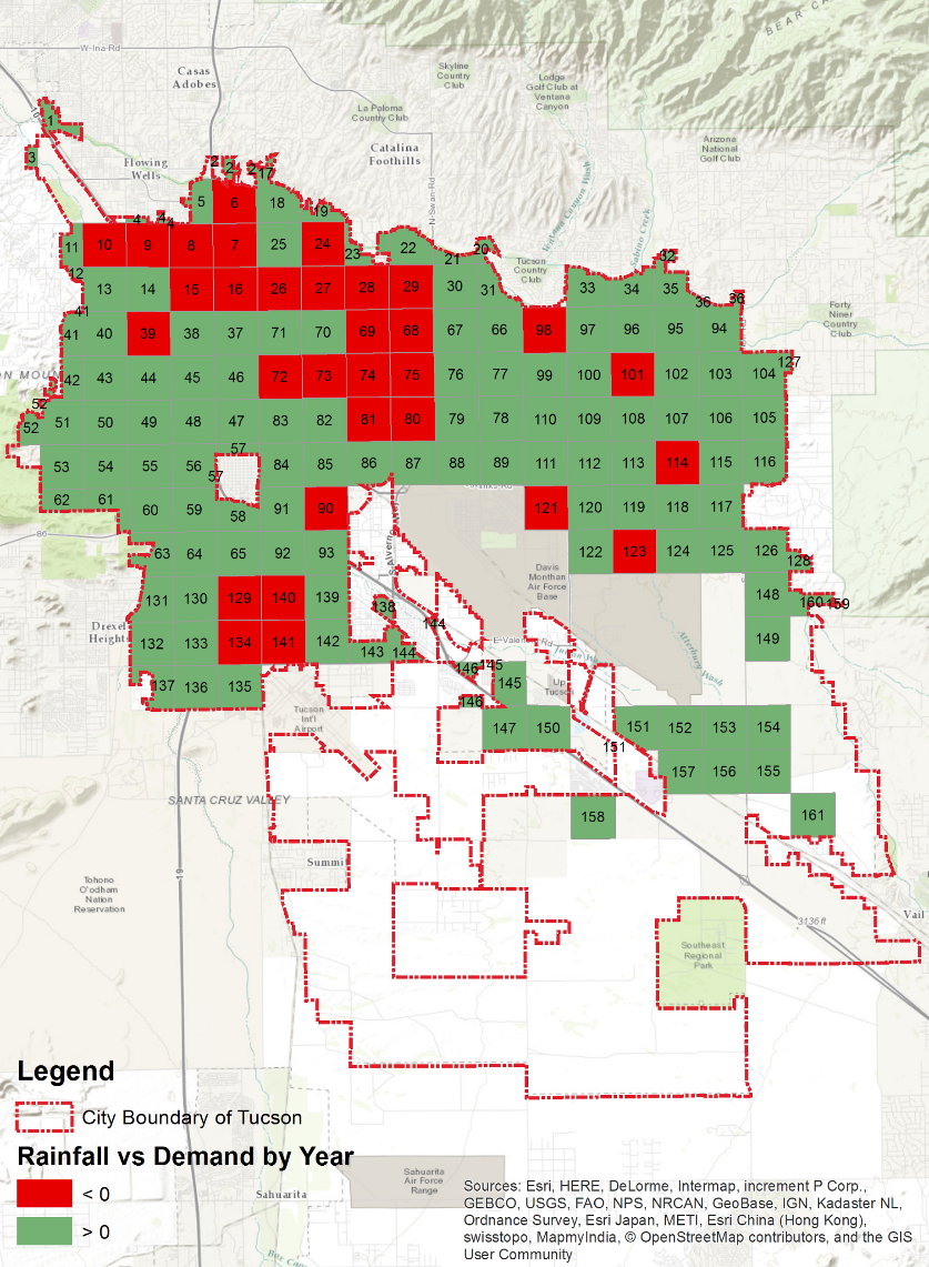 Map of annual rainwater supply vs water demand (2007-16) in Tucson area